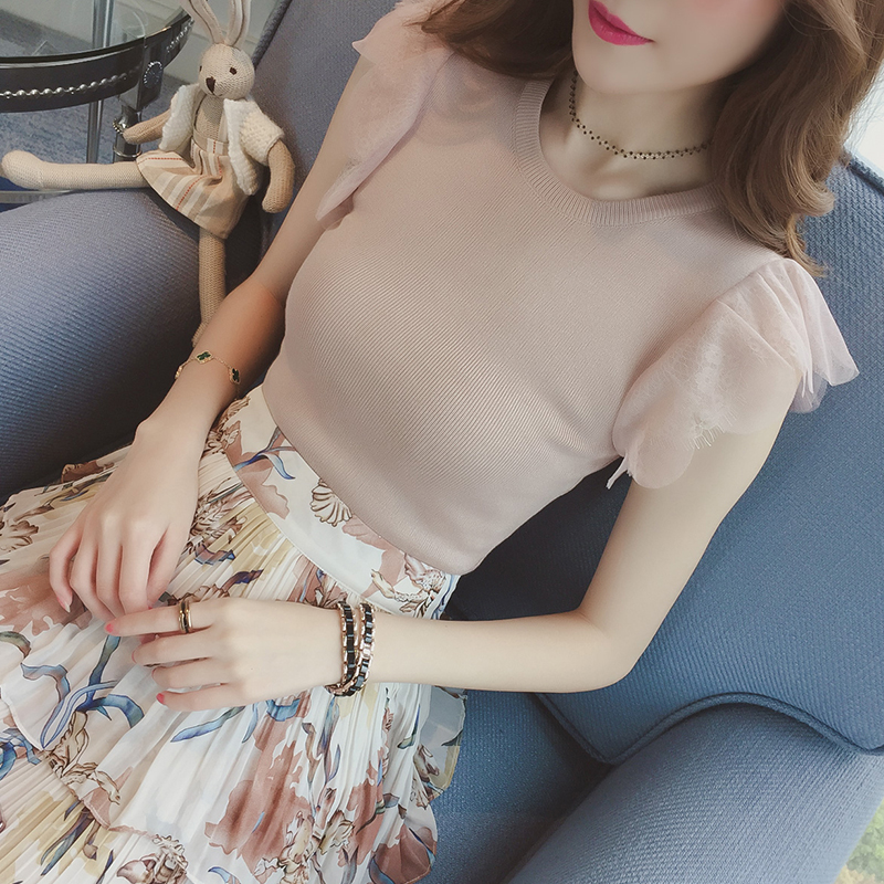 夏季女裝純色鉤花鏤空蕾絲拼接無袖冰絲針織衫女短款修身薄毛衣潮